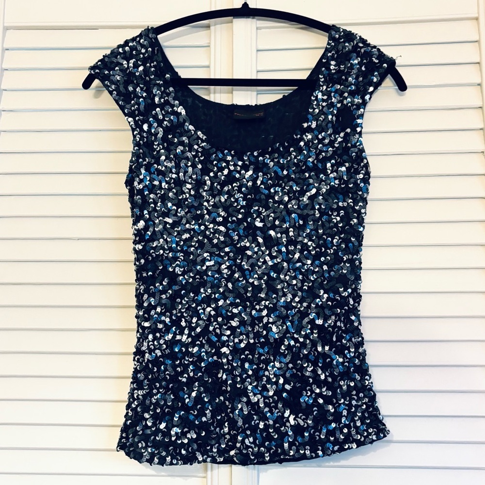 Frank Usher Navy Blue Sequin Blouse Top Cocktail Size 6
